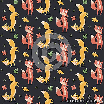 Seamless woodland forest vector pattern with foxes and leaves on dark background Vector Illustration