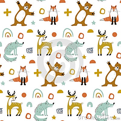 Seamless woodland pattern with cute bear, fox, wolf and hand drawn elements. Creative scandinavian kids texture for Vector Illustration