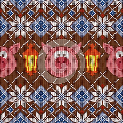 Seamless woolen knitted Christmas pattern with pigs and lanterns Vector Illustration