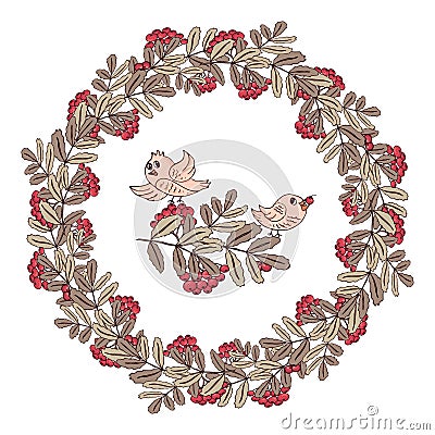 Seamless wreath with birds and rowan berries. Stock Photo