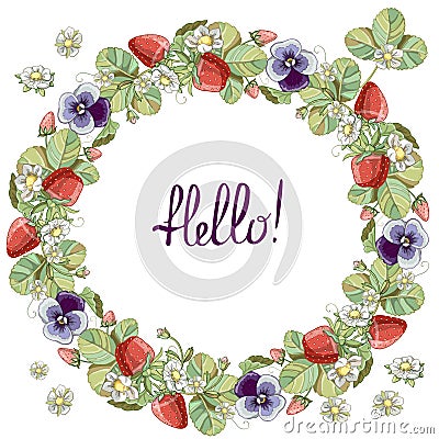 Seamless wreath with floral romantic elements, strawberry and violet. Vector Illustration