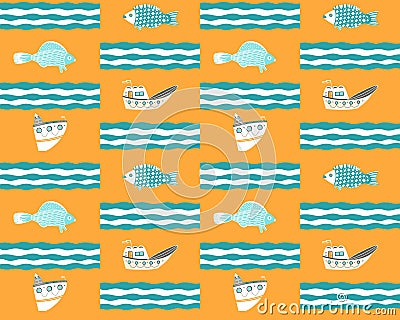 Seamless yellow background with ships, fish and waves Vector Illustration