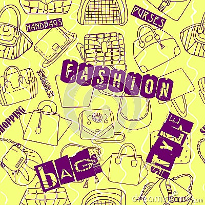 Seamless yellow pattern of fashion woman bags Vector Illustration