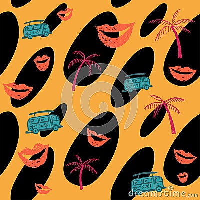 Seamless yellow pattern with pink palm, lips, bus and black stains Stock Photo