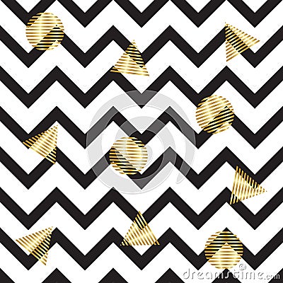 Seamless zigzag pattern. with gold circles and triangles. Seamless background with horizontal black stripes in zigzag Vector Illustration