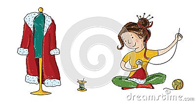 Seamstress girl sewing Santa Christmas costume Vector Illustration