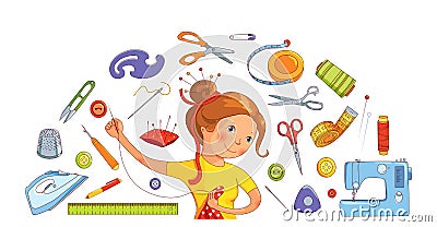 Seamstress girl and sewing tools vector concept Vector Illustration