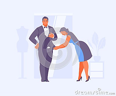 Seamstress hemming a suit for the man Vector Illustration