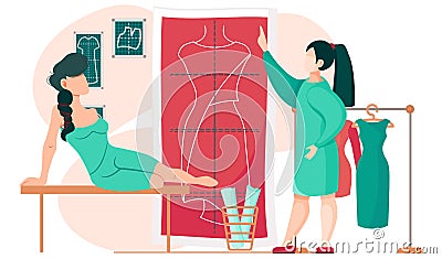 Seamstress points to poster with pattern. Girl sitting on table looks at design of unfinished dress Vector Illustration