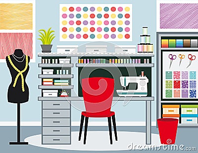 Seamstress`s office. Dressmaker workspace. Sewing illustration I. Blue tones. Vector Illustration