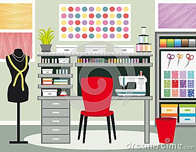 Seamstress`s office. Dressmaker workspace. Sewing illustration II. Green tones. Vector Illustration