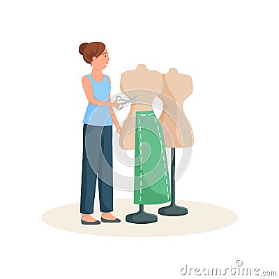 Seamstress standing near mannequin in green skirt pattern with scissors in hands Vector Illustration