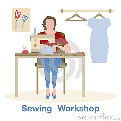 Seamstress Tailor Atelier Sewing workshop Fashion Vector Illustration
