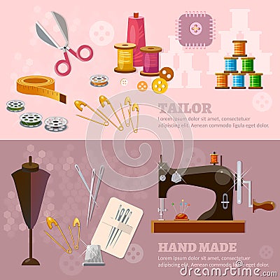 Seamstress and tailor banners sewing machine Vector Illustration