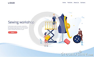 Seamstress vector website template, web page and landing page design for website and mobile site development. Sewing Vector Illustration