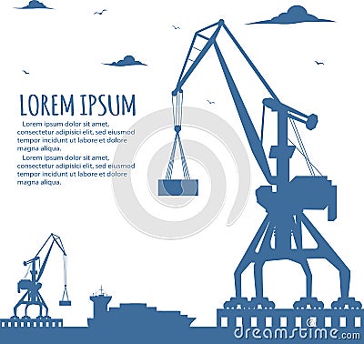 Seaport banner with port crane silhouette Vector Illustration