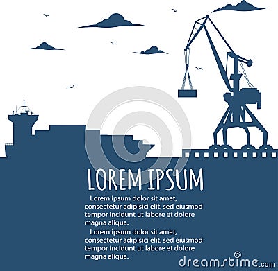 Seaport banner with port crane silhouette Vector Illustration