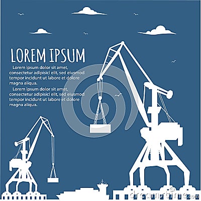 Seaport banner with port crane silhouette Vector Illustration