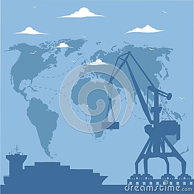 Seaport banner with port crane silhouette Vector Illustration