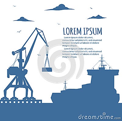 Seaport banner with port crane silhouette Vector Illustration