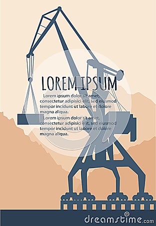 Seaport banner with port crane silhouette Vector Illustration