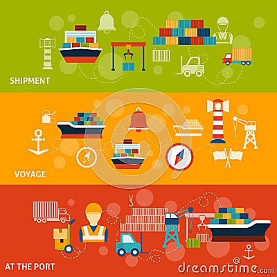 Seaport Banner Set Vector Illustration