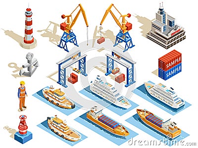 Seaport Isometric Set Vector Illustration