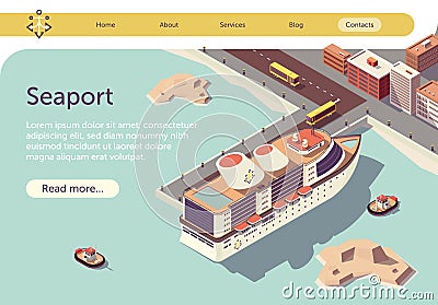 Seaport Isometric Text Banner with Ocean Liner Vector Illustration