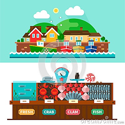 Seaport landscapes and seafood market Vector Illustration