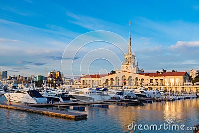 Seaport with mooring boats at sunset in Sochi, Russia. Editorial Stock Photo