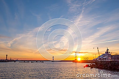 Seaport with mooring boats at sunset in Sochi, Russia. Editorial Stock Photo