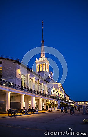 Seaport in night lights in the city of Sochi, Russia. Evening 27 October 2019 Editorial Stock Photo