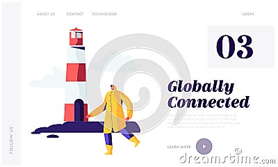 Seaport Worker in Yellow Cloak Walk near Lighthouse in Harbor Yard. Fisherman Male Character Maritime Profession, Occupation Vector Illustration