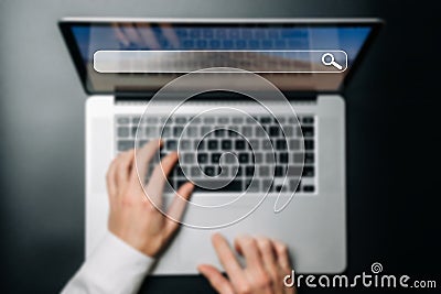 Search advertising. Internet online searching engine selective focus. Hand touching computer for data optimization Stock Photo