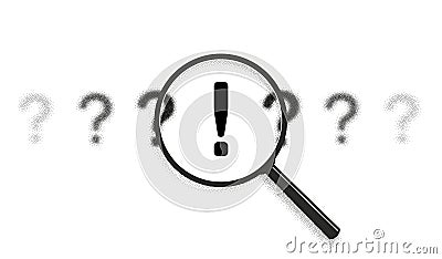 Search answer idea, problem solution concept. Exclamation point between question marks icon pattern. Magnifying glass Vector Illustration
