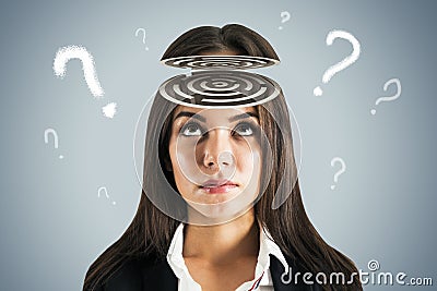 Search for answers to questions inside the brain, psychology and labyrinths of the mind concept with woman head on background Stock Photo