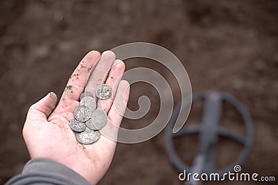 Search for artifacts with a metal detector and a shovel Stock Photo