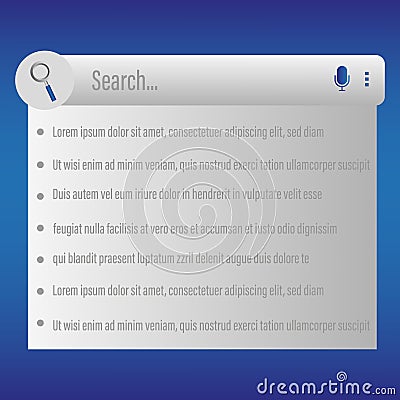 Search bar dropdown. White UI field. Gradient blue theme. Vector menu layout. Vector Illustration
