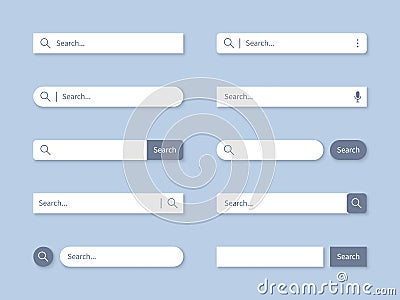 Search bar. Searching internet field, website bars with shadows and empty online search engine box with button vector Vector Illustration