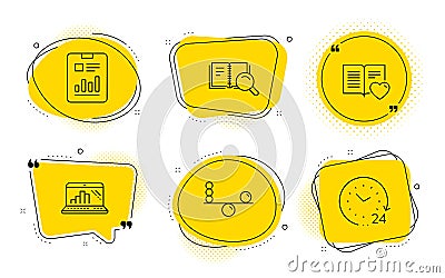 Search book, Balance and Love book icons set. Graph laptop, Report document and 24 hours signs. Vector Vector Illustration