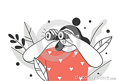 Search Concept. The woman looks through her large binoculars, looking for something. The girl is watching someone Vector Illustration