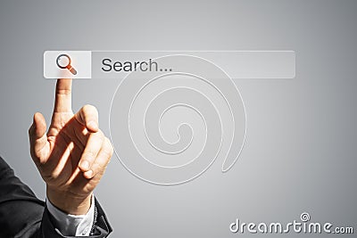 Search discover exploration internet concept with man hand touches digital screen Stock Photo