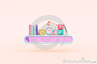 search engine internet online learning kids cute bookshelf table lamp clock light bulb pencil pastel study website children. Stock Photo