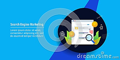 Search engine marketing, ppc advertising displaying on search engine result page, magnifying glass with money concept. Vector Illustration