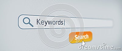 Search Engine Optimization on a computer screen with typed Keywords Stock Photo