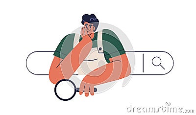Search engine optimization, customers query analysis concept. Man with magnifier peeking out of bar in web browser Vector Illustration