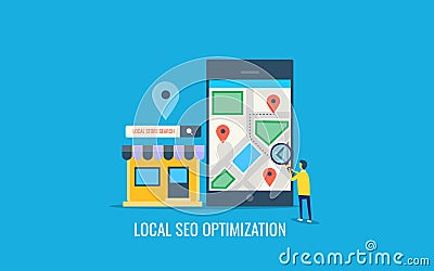 Local seo optimization, search optimization for local business, user searching local shop on mobile. Flat design vector banner. Vector Illustration