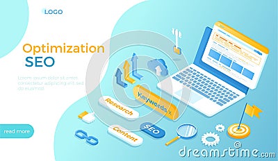 Search Engine Optimization, SEO concept, Keyword research, Analytics, Analysis, Targeting. Search engine results page on the lapto Vector Illustration