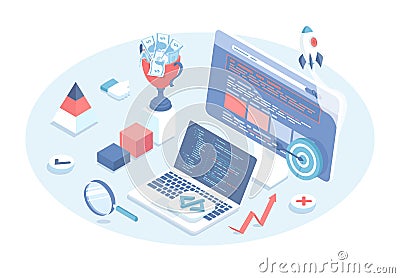 Search engine optimization SEO, web analytics, internet marketing. Keywording, SEO keyword research, keywords ranking Vector Illustration