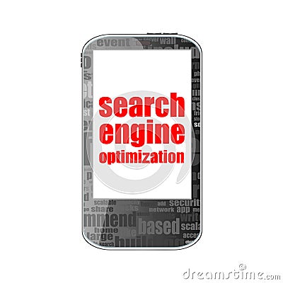 Search Engine Optimization Text. Information concept . Detailed modern smartphone isolated on white Stock Photo